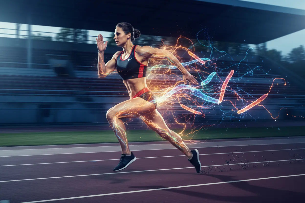 Athletic runner sprinting with glowing cellular energy and mitochondria visualization peak performance sports