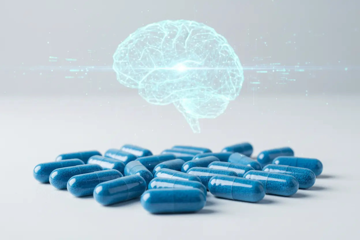 Methylene blue supplement capsules with glowing brain hologram representing cognitive health wellness