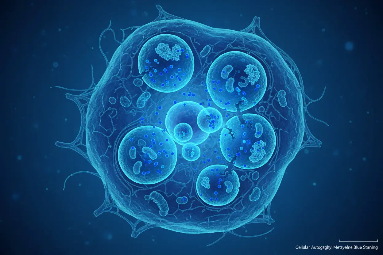 Cellular autophagy process visualization with methylene blue molecules cleansing damaged cell components