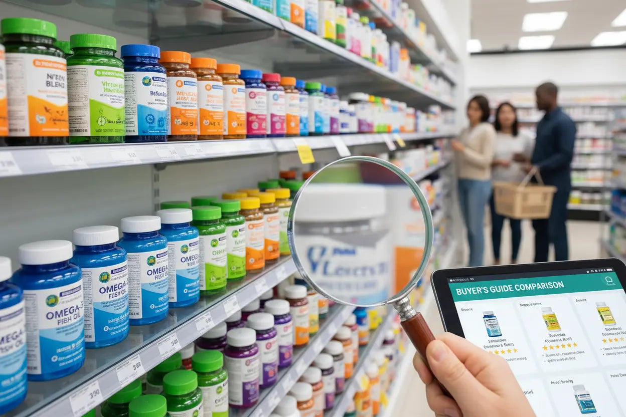 Comparison of methylene blue supplement bottles with magnifying glass examining product labels - 2026 buyers guide