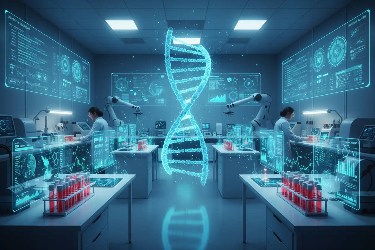 Scientific biomarker testing in laboratory with DNA helix hologram blood test vials longevity science