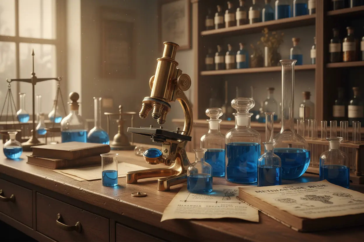 Vintage historical medical laboratory with methylene blue dye antique microscope and timeline visualization