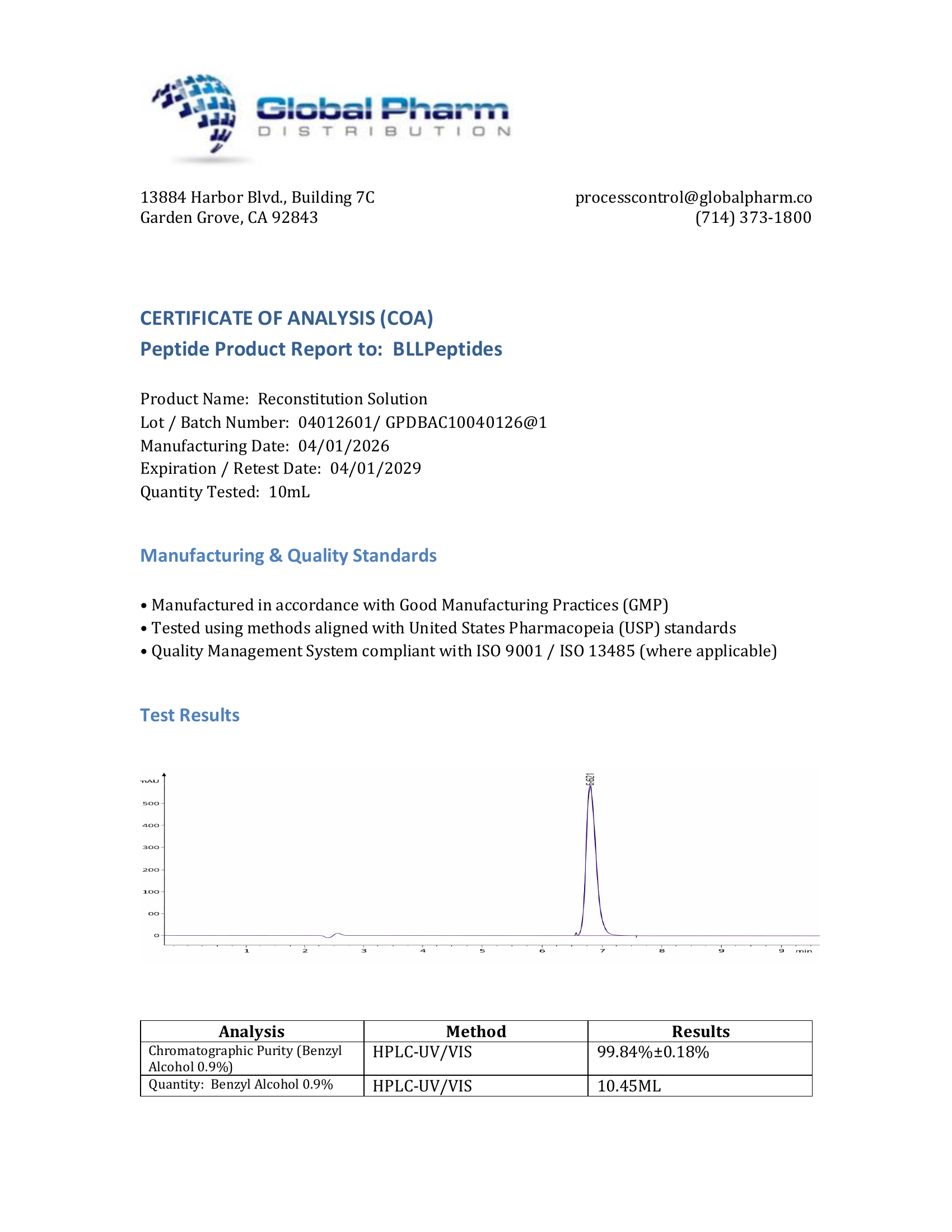 Bacteriostatic Reconstitution Solution — 10 mL Triple-Sealed Glass Vials, Lab-Grade