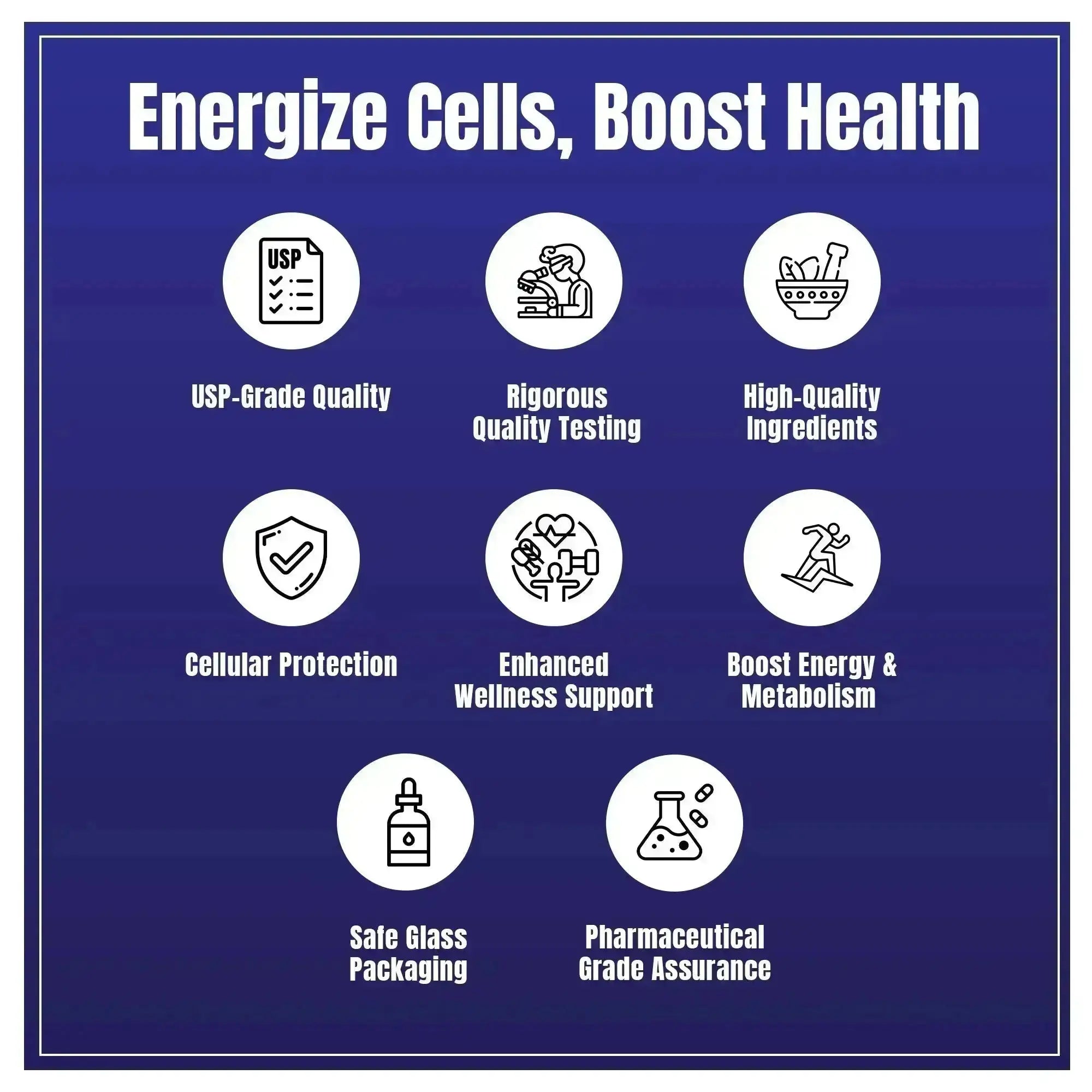 Better Life Lab methylene blue quality features – USP-grade, rigorous testing, cellular protection, pharmaceutical grade assurance, safe glass packaging