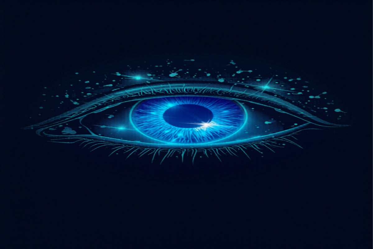 Detailed eye cross-section with glowing blue mitochondria — methylene blue and vision
