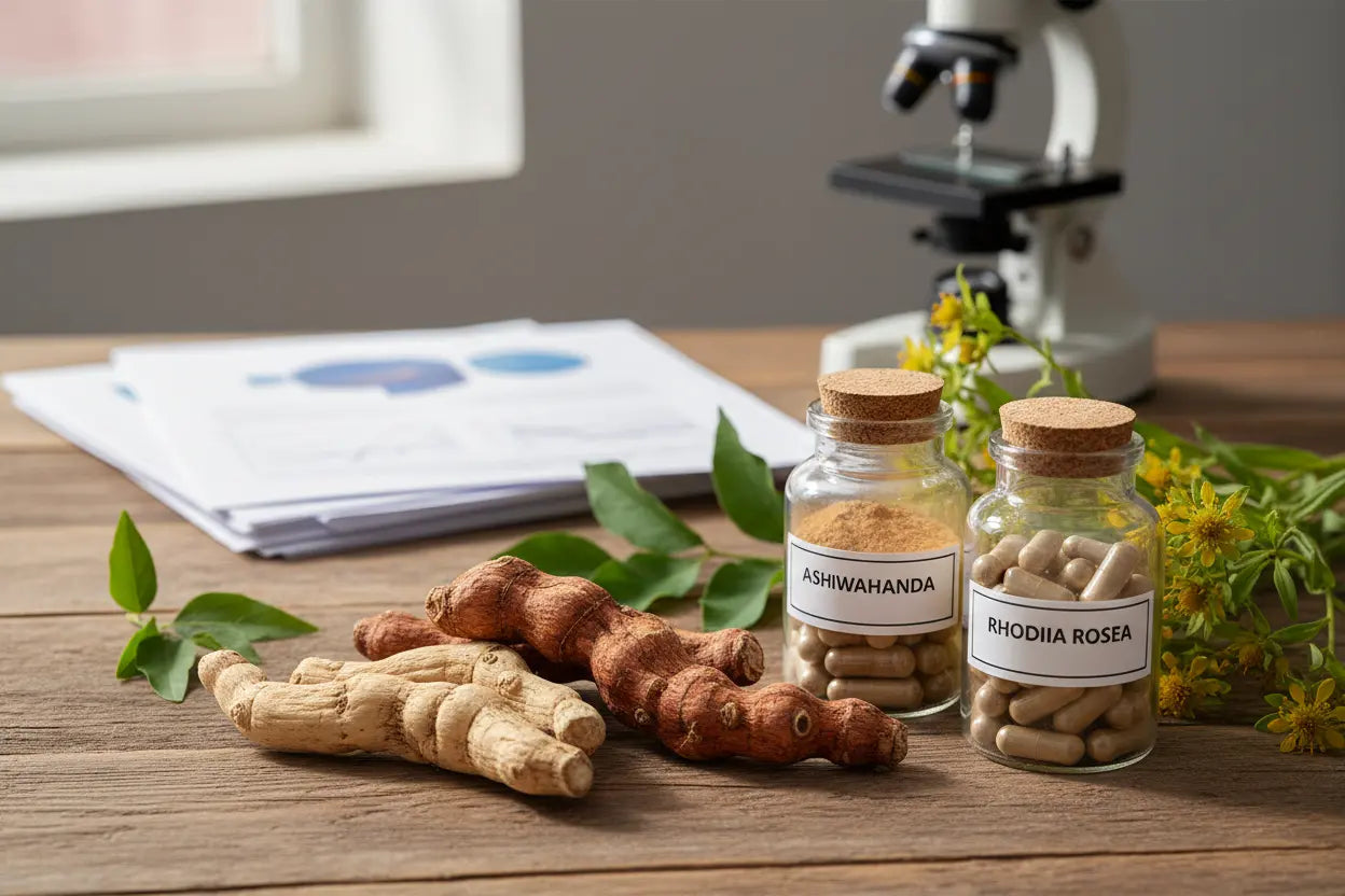 Natural mineral supplements and botanical wellness ingredients with scientific research papers, representing magnesium's role in health