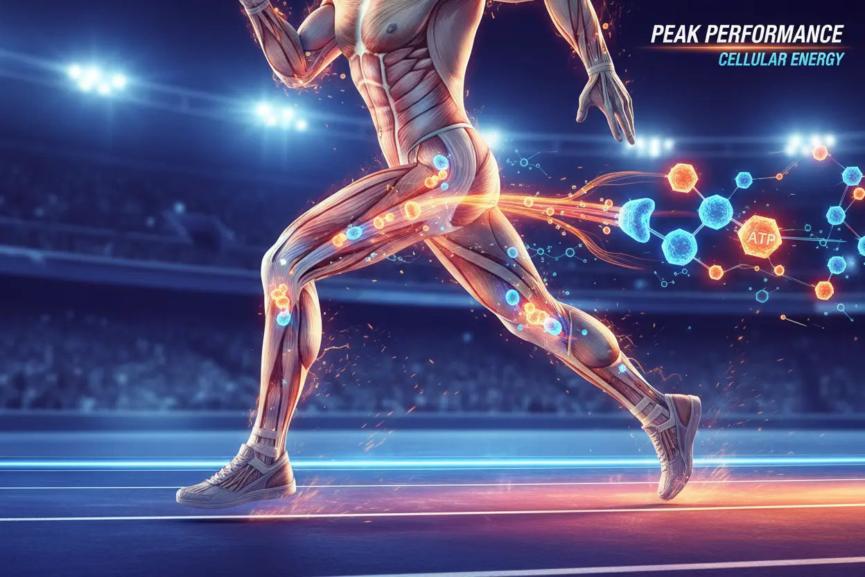 Athletic runner with glowing cellular ATP energy and mitochondria visualization dynamic sports performance