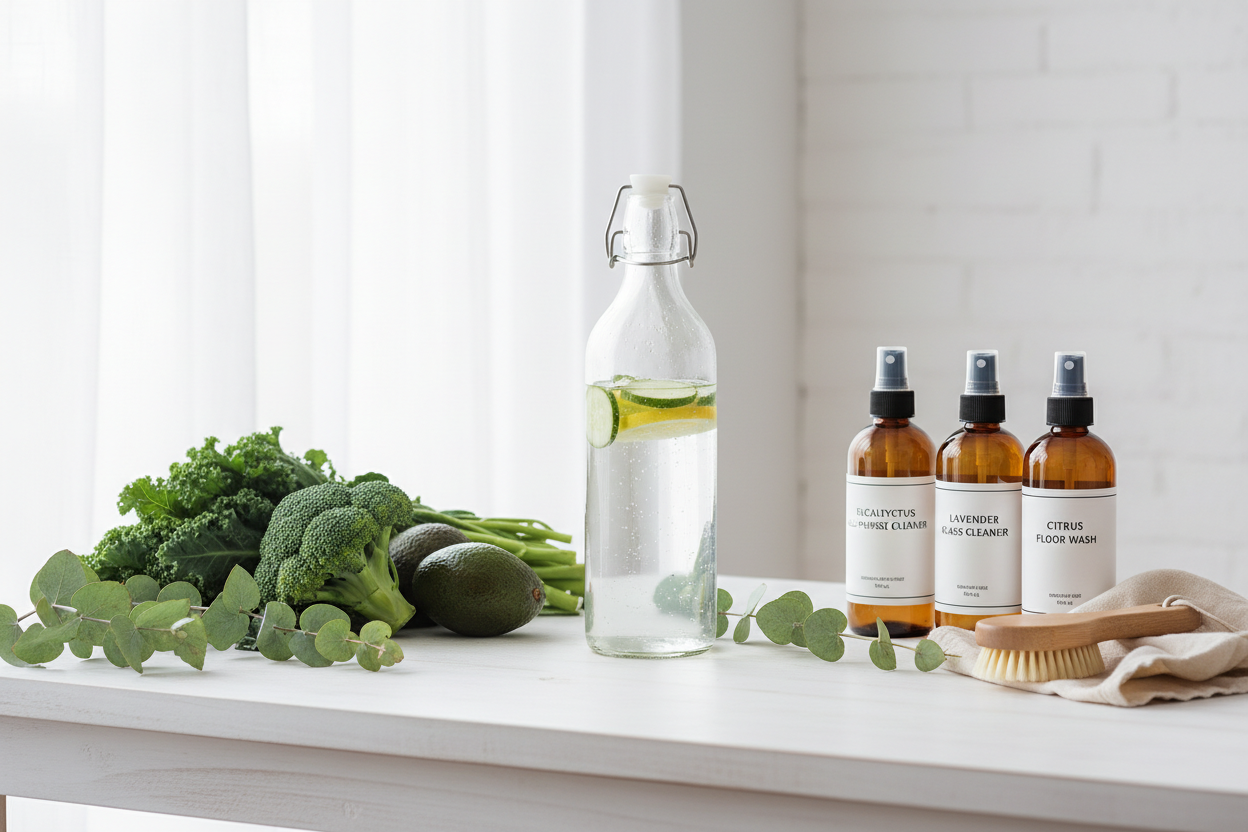Holistic wellness scene with fresh vegetables glass water bottle and natural products representing toxin avoidance