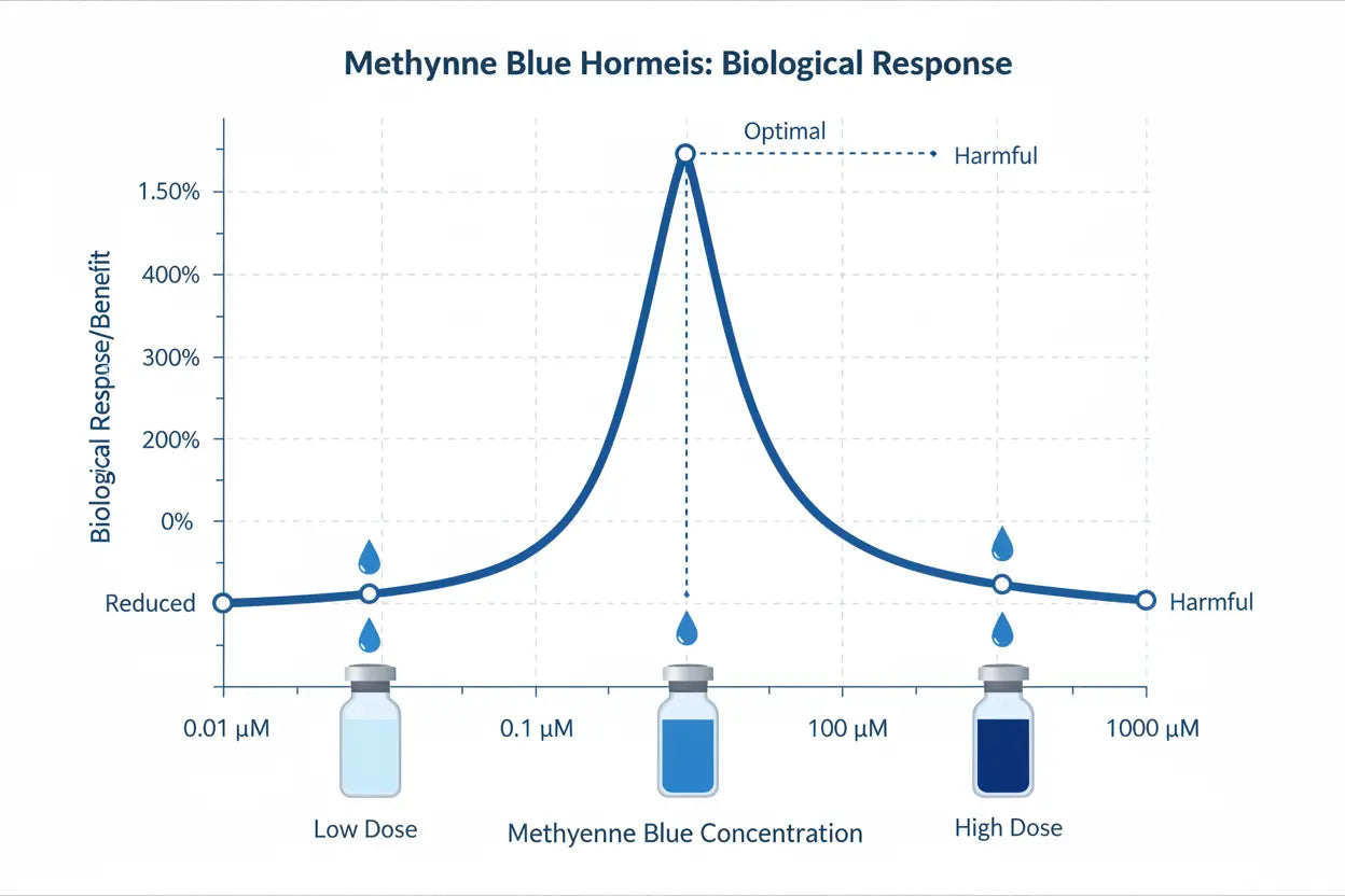 Hormetic dose response curve graph showing optimal low-dose methylene blue benefits with blue droplet visualization
