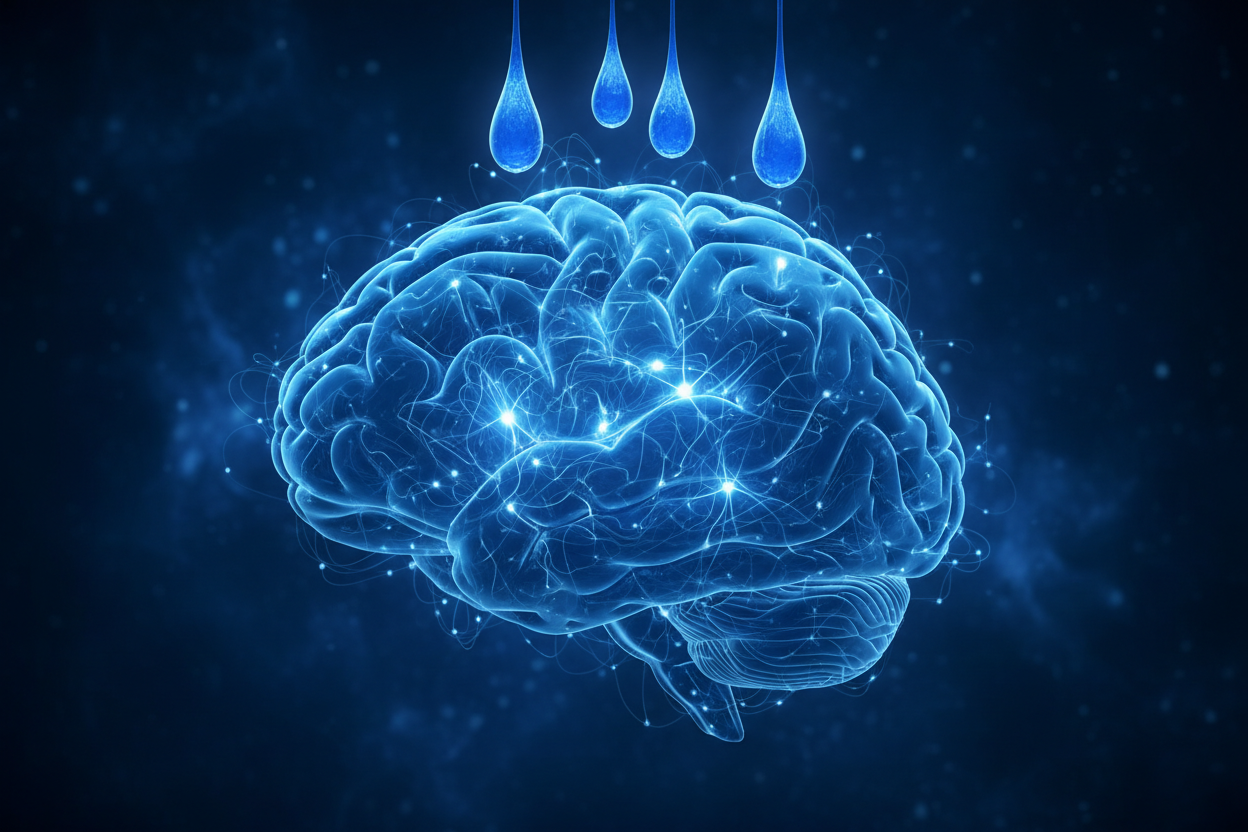 Glowing brain with blue neural pathways — methylene blue brain anti-aging neuroprotection