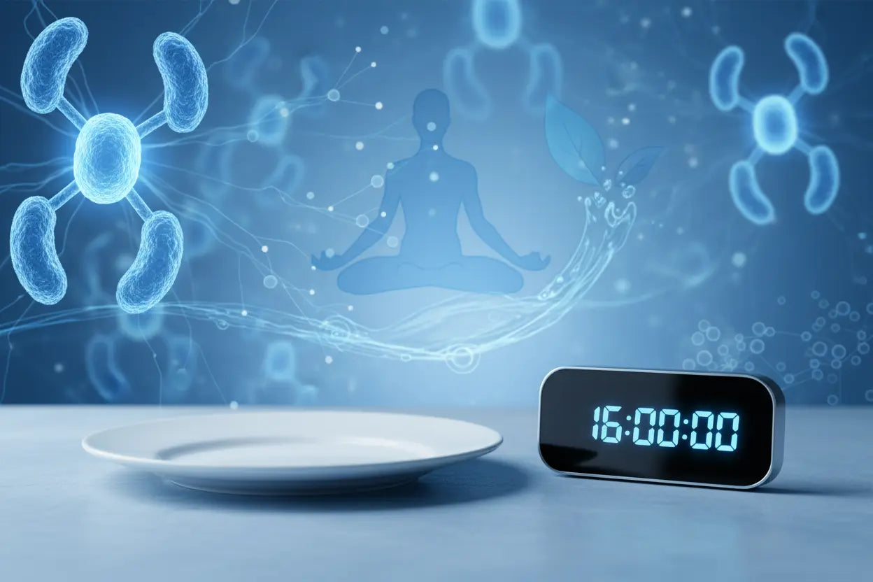 Intermittent fasting concept with empty plate clock timer and glowing mitochondria cells healthy lifestyle