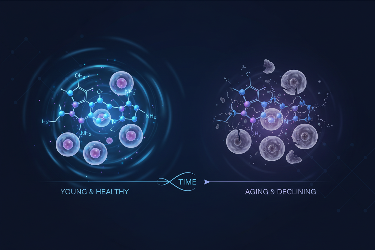NAD+ molecule structure showing cellular energy decline with age — methylene blue NAD+ synergy for longevity Better Life Lab