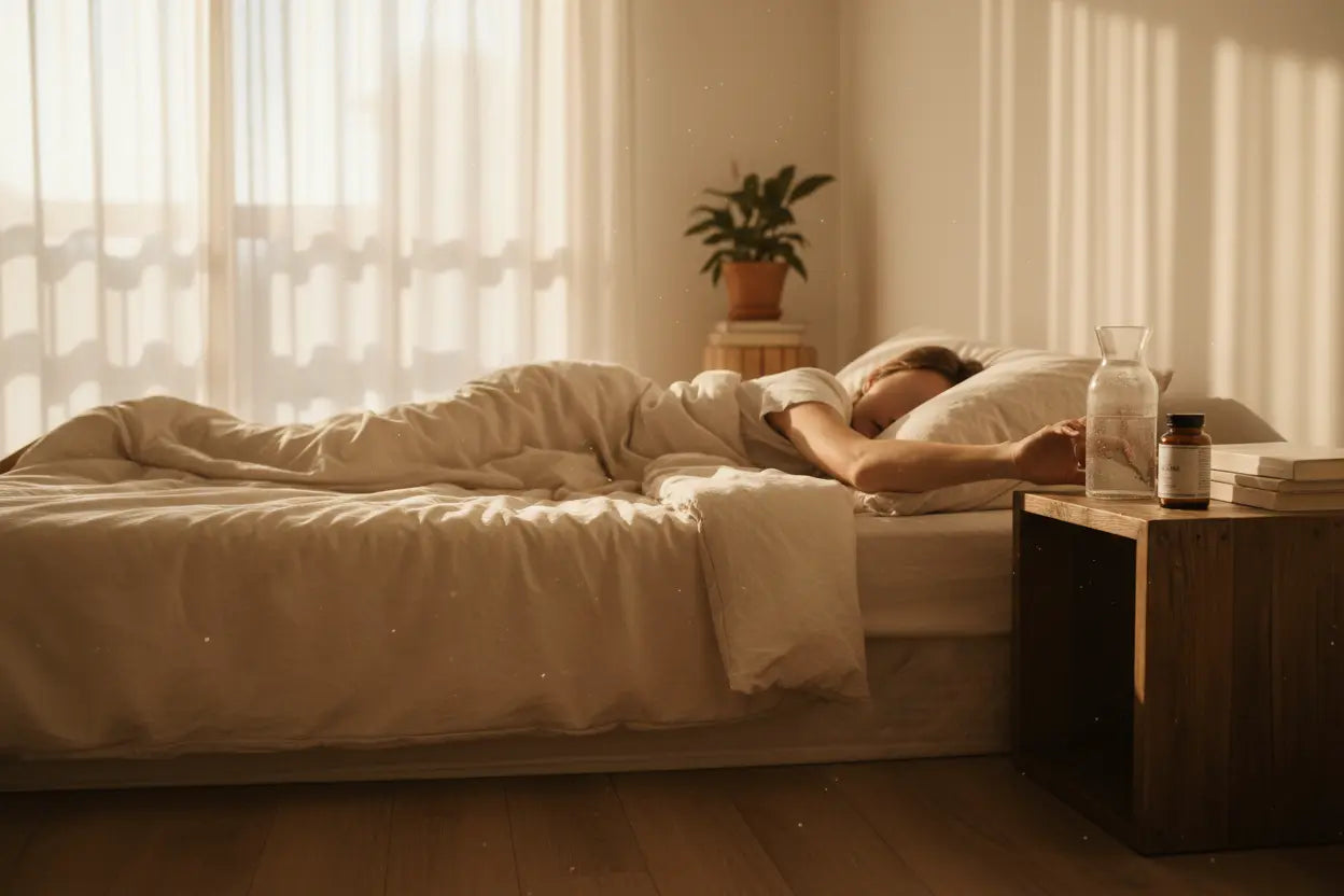 Person recovering from hangover with water and supplements on nightstand in morning sunlight - hangover science 2026