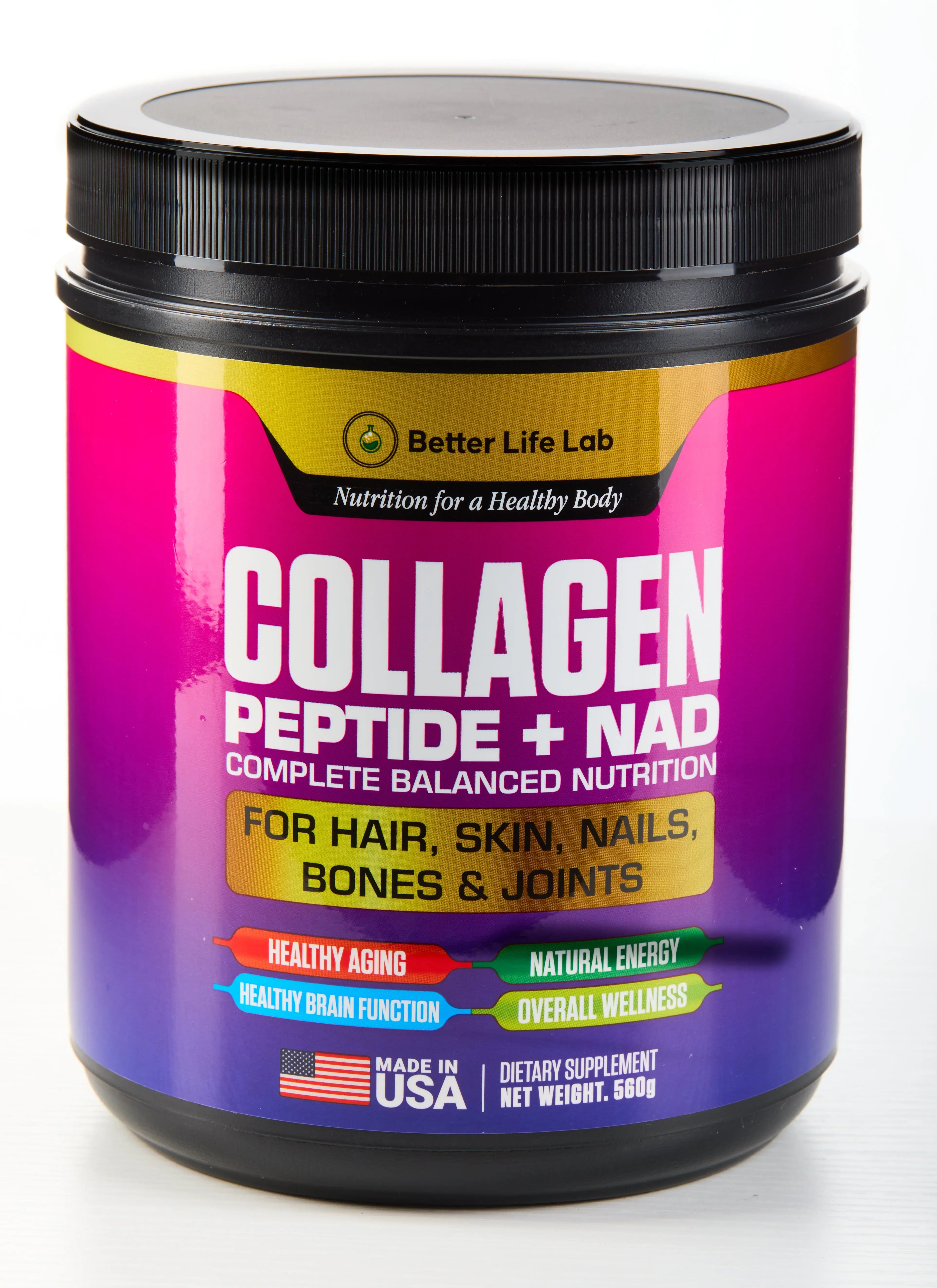 Collagen peptide supplement container with pink label on a white background