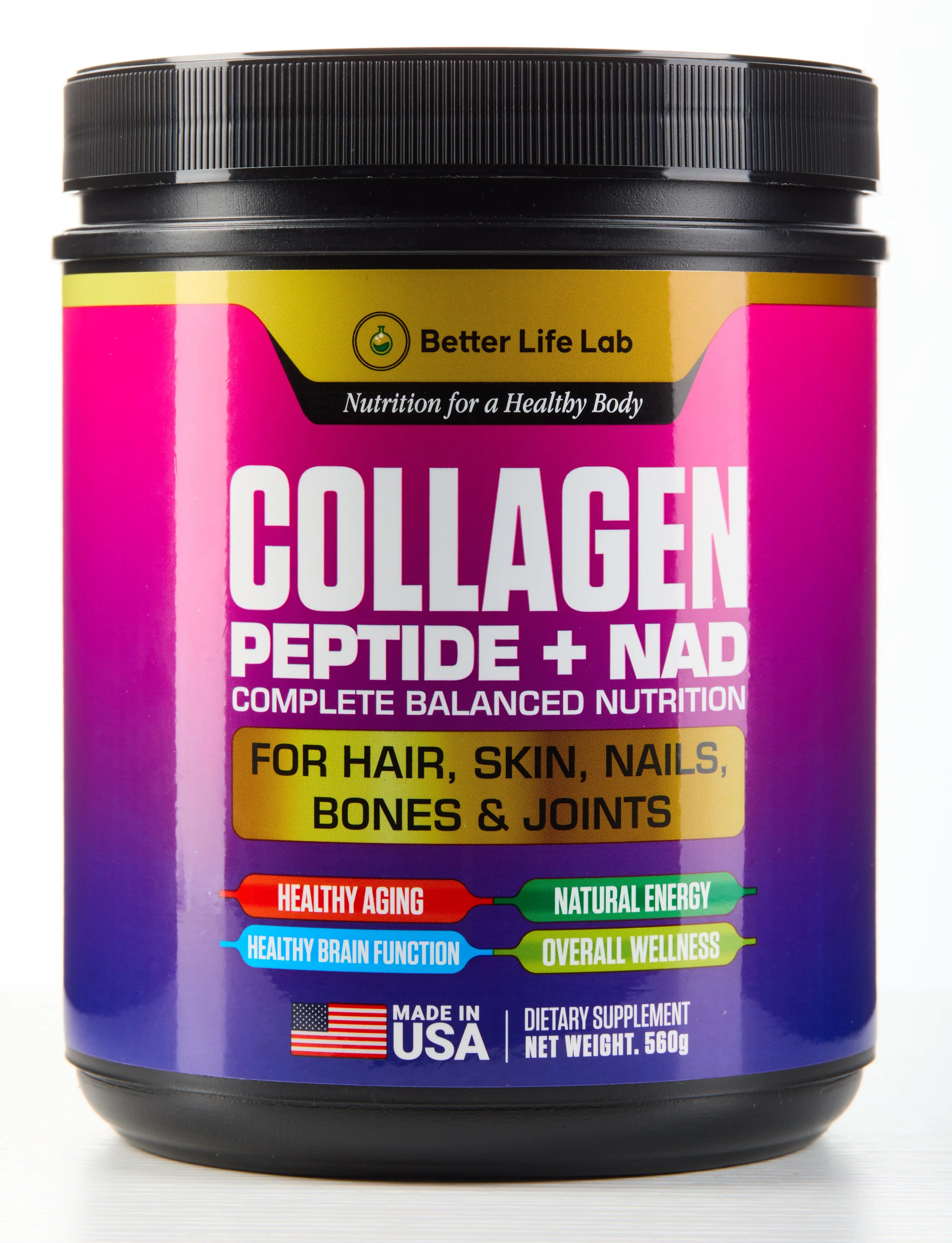 Collagen peptide + NAD supplement container with colorful label on a white background