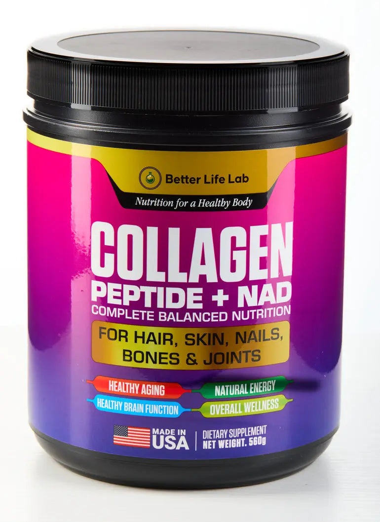 Collagen peptide supplement container with purple label on a white background